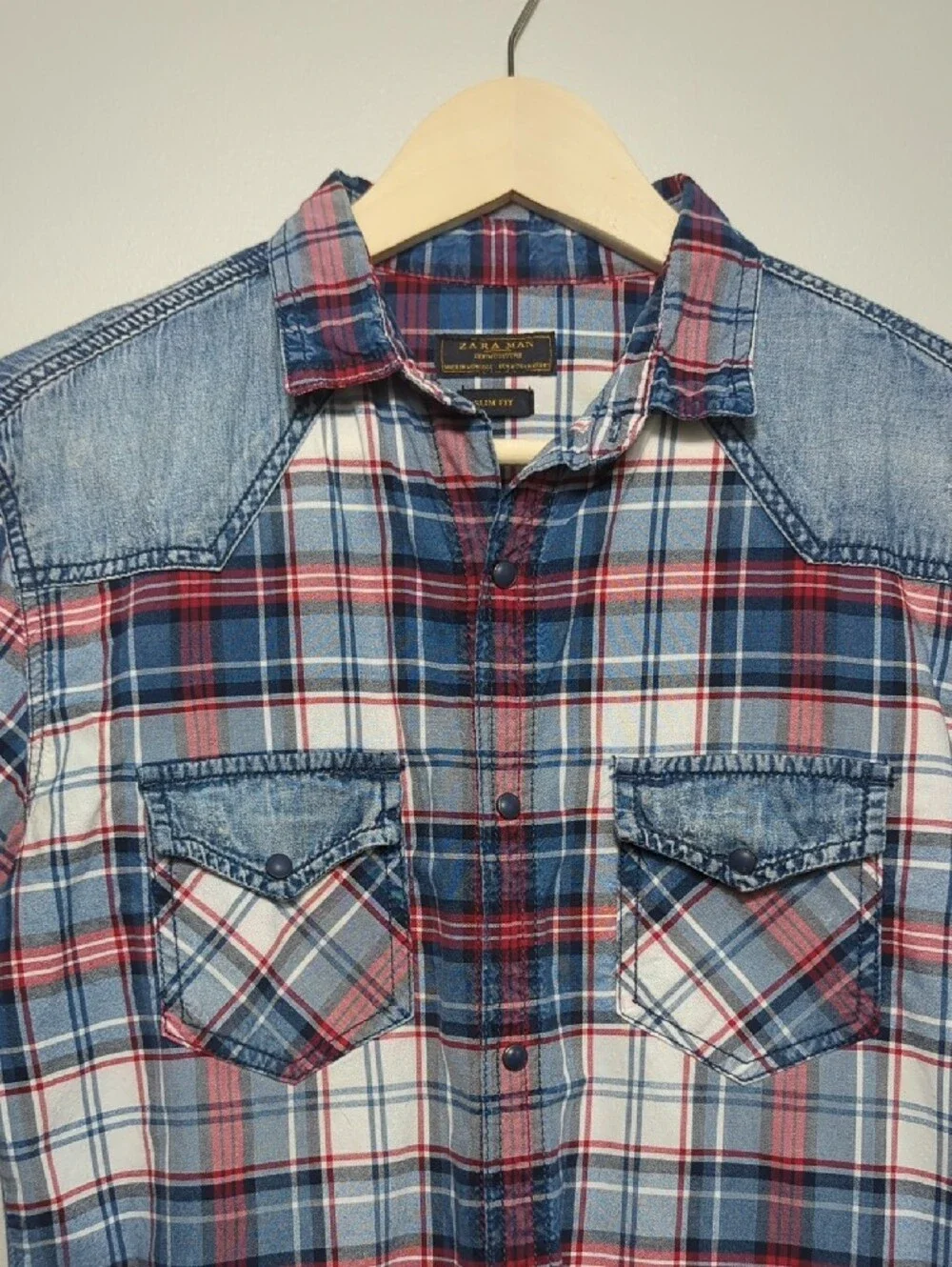 Zara Man‎ Slim Fit Plaid Button-Up Shirt Denim Red White Blue 4th of July SM/MED